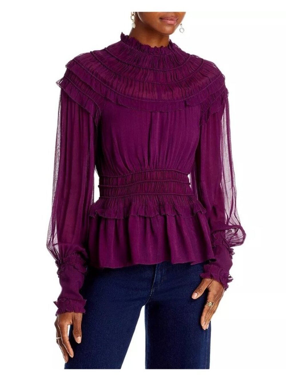 Farm Rio Romantic Ruffle Smocked Boho Long Sleeve Blouse Top Burgundy Size XS
